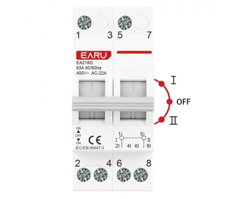 Перемикач введення резерву трипозиційний для генератора/інвертора EARU на 63A, 2 полюси 