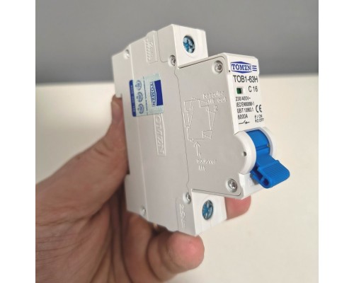 Автоматичний вимикач змінного струму 16A однополюсний TOMZN TOB1‑63H С16A 1P AC C Type MCB 230/400V ~ 50HZ/60HZ