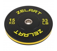 Бамперные диски резиновые Bumper Plates Zelart TA-4790-15 51мм 15кг черный-желтый