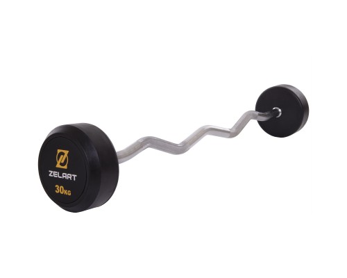Штанга фиксированная изогнутая обрезиненная Zelart Rubber Coated Barbell TA-2687-30 длина-95см 30кг черный