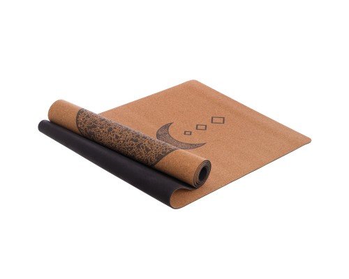 Коврик для йоги Пробковый каучуковый двухслойный Yoga mat Record FI-7156-9 183x61мx0.4cм с принтом Лунный Цикл коричневый