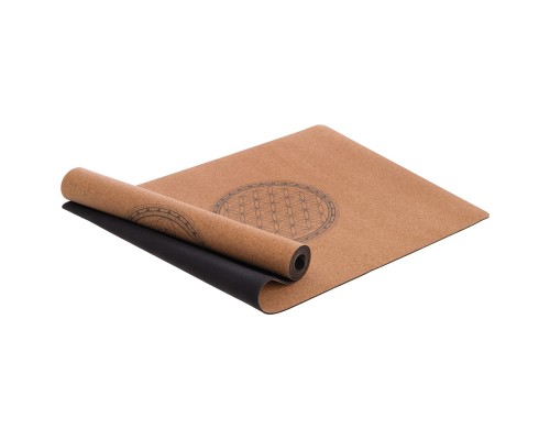 Коврик для йоги Пробковый каучуковый двухслойный Yoga mat Record FI-7156-8 183x61мx0.4cм с принтом Мандала коричневый
