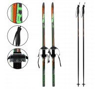 Лыжи беговые подростковые в комплекте с палками Zelart SK-0881-150B Черный-салатовый-оранжевый