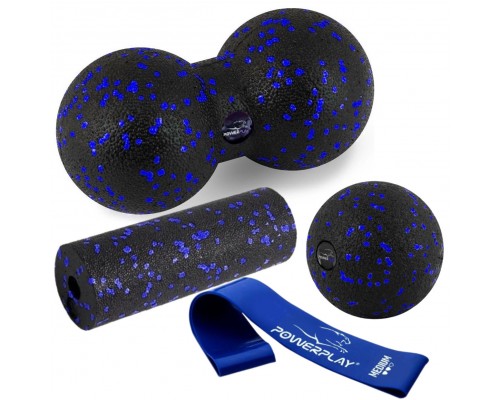 Набір для масажу та йоги PowerPlay PP_4091 EPP (2 м'ячики + валик масажер 15*5,3 см.) Blue  + резинка 7,5 кг.