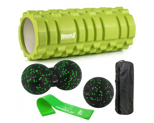 Набір для масажу та йоги PowerPlay PP_4096 (Ролик 33*14 + 2-ва мячі) Green + резинка 5.5 кг.