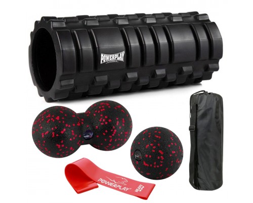Набір для масажу та йоги PowerPlay PP_4096 (Ролик 33*14 + 2-ва мячі) Black + резинка 11 кг.