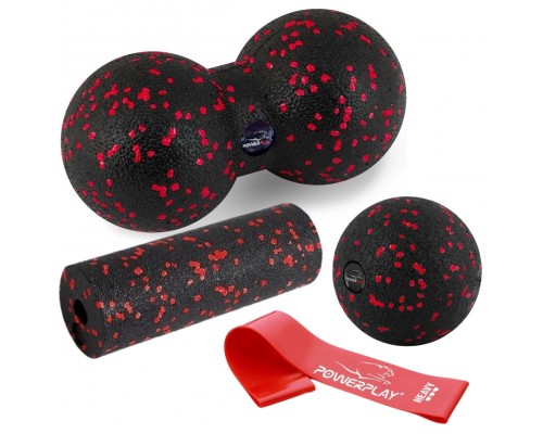 Набір для масажу та йоги PowerPlay PP_4091 EPP (2 м'ячики + валик масажер 15*5,3 см.) Red + резинка 11кг. опір