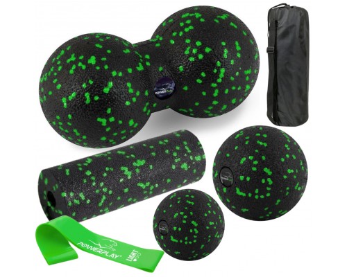 Набір для масажу та йоги PowerPlay PP_4093 EPP (3 м'ячики + валик масажер 15*5,3см.) Green  + резинка 5,5 кг.