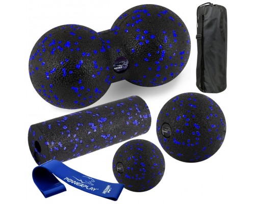Набір для масажу та йоги PowerPlay PP_4093 EPP (3 м'ячики + валик масажер 15*5,3см.) Blue + резинка 7,5кг.