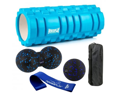 Набір для масажу та йоги PowerPlay PP_4096 (Ролик 33*14 + 2-ва мячі) Blue + резинка 7.5 кг.