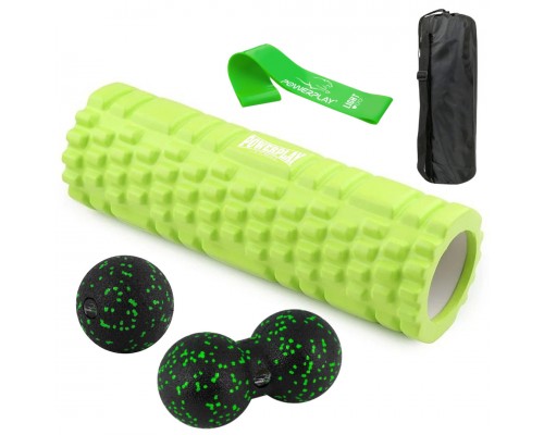 Набір для масажу та йоги PowerPlay PP_4097 (Ролик 30*10 + 2-ва мячі) Green + резинка 5.5 кг.