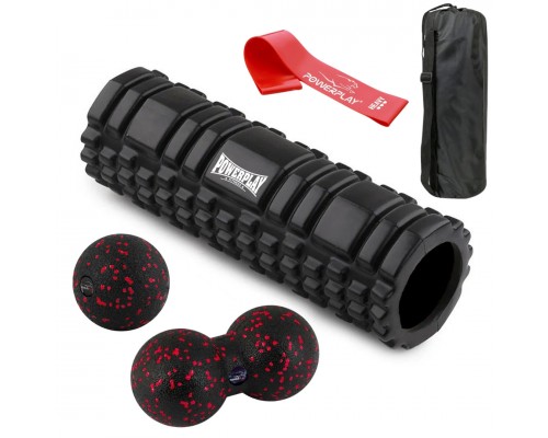 Набір для масажу та йоги PowerPlay PP_4097 (Ролик 30*10 + 2-ва мячі) Black + резинка 11 кг.