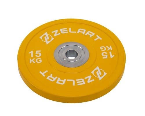 Бамперные диски резиновые Bumper Plates внутренний ø50.6±0.2мм Zelart TA-7798-15 15кг (сталь, резина, внешний ø-45см, желтый)