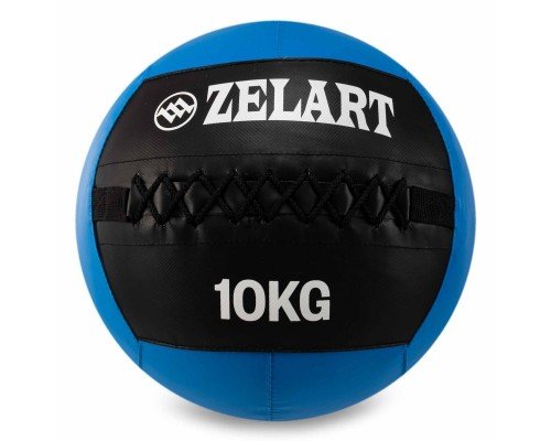 Мяч набивной медицинский для кроссфита WALL BALL Zelart FI-5168-10 10кг (PU, наполнитель-метал. гранулы, d-33см, черный-синий)