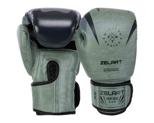 Перчатки боксерские на липучке PU Zelart BO-1192 (размер 10-14oz, черный-оливковый)