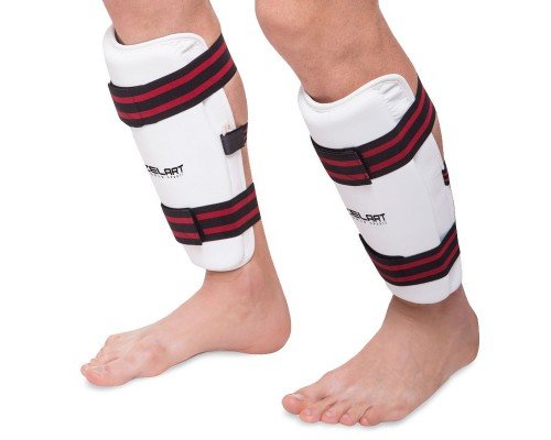 Защита голени щитки для тхэквондо Zelart BO-4081 (PU, р-р S-XL, крепление резиновая лента, белый)
