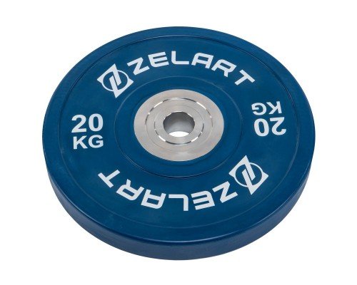 Бамперные диски резиновые Bumper Plates внутренний ø50.6±0.2мм Zelart TA-7798-20 20кг (сталь, резина, внешний ø-45см, синий)