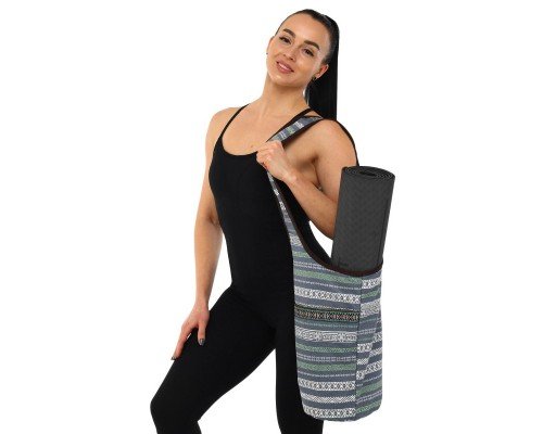 Сумка для йоги через плечо Yoga bag KINDFOLK SP-Sport FI-8364-3 (размер 33х84см, полиэстер, хлопок, серый-синий)