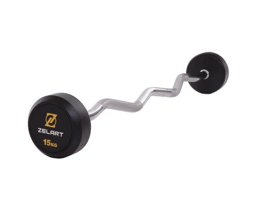 Штанга неразборная с фиксированным весом изогнутая обрезиненная Rubber Coated Barbell Zelart TA-2687-15 15кг (MD3009A-15) (гриф l-95см)