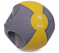Медбол мяч медицинский двуручный с хватами Zelart FI-2619-4 4кг (MD1213-4) (резина, d-23см, серый-желтый)