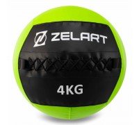 Мяч набивной медицинский для кроссфита WALL BALL Zelart FI-5168-4 4кг (PU, наполнитель-метал. гранулы, d-33см, черный-зеленый)