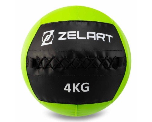 Мяч набивной медицинский для кроссфита WALL BALL Zelart FI-5168-4 4кг (PU, наполнитель-метал. гранулы, d-33см, черный-зеленый)
