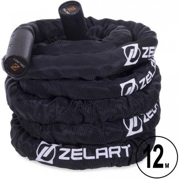 Канат для кроссфита в защитном рукаве Combat Battle Rope Zelart FI-2631-12 12 метров (MD1379-12) (PE, ручки-алюминий, l-12м,d-3,8см,вес-8,8кг, черный)