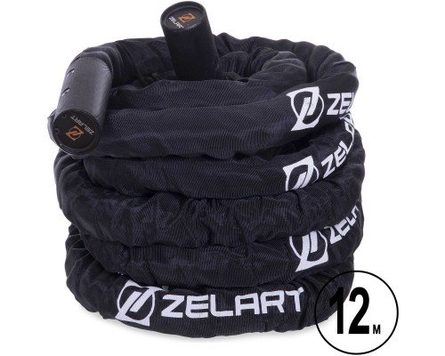 Канат для кроссфита в защитном рукаве Combat Battle Rope Zelart FI-2631-12 12 метров (MD1379-12) (PE, ручки-алюминий, l-12м,d-3,8см,вес-8,8кг, черный)