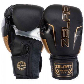 Перчатки боксерские на липучке PU Zelart BO-1221 (размер 10-14oz, черный-золотой)