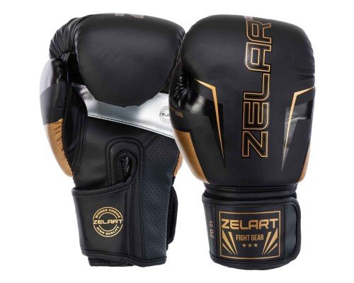 Перчатки боксерские на липучке PU Zelart BO-1221 (размер 10-14oz, черный-золотой)