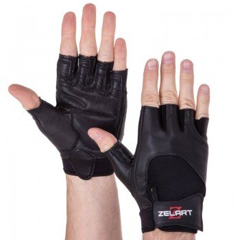 Перчатки спортивные кожаные ZELART SB-161556 (спандекс, открытые пальцы, р-р S-XXL, черный)