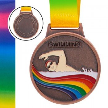 Медаль спортивная с лентой цветная тематическая SP-Sport Плавание ø6,5см C-0336 SWIMMING (металл, 38g золото, серебро, бронза)