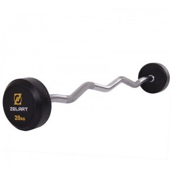 Штанга неразборная с фиксированным весом изогнутая обрезиненная Rubber Coated Barbell Zelart TA-2687-20 20кг (MD3009A-20) (гриф l-95см)