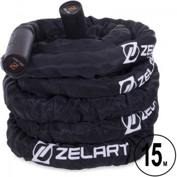 Канат для кроссфита в защитном рукаве Combat Battle Rope Zelart FI-2631-15 15 метров (MD1379-15) (PE, ручки-алюминий,l-15м,d-3,8см,вес-11,4кг, черный)