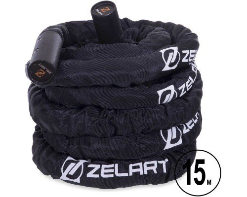 Канат для кроссфита в защитном рукаве Combat Battle Rope Zelart FI-2631-15 15 метров (MD1379-15) (PE, ручки-алюминий,l-15м,d-3,8см,вес-11,4кг, черный)