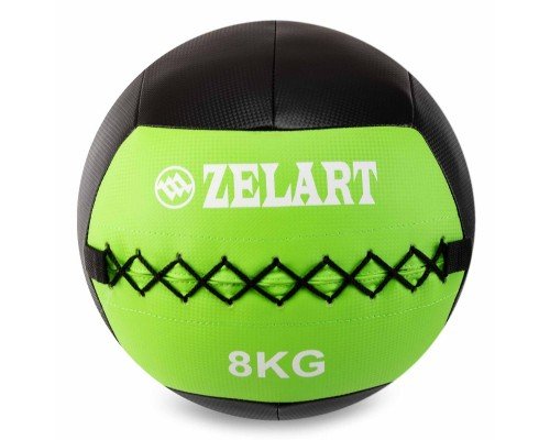 Мяч набивной медицинский для кроссфита WALL BALL Zelart FI-5168-8 8кг (PU, наполнитель-метал. гранулы, d-33см, черный-зеленый)