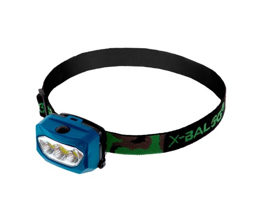 Фонарик налобный X-BALOG 933 (пластик, 3 светодиода, на батарейках (3 AAA), голубой)