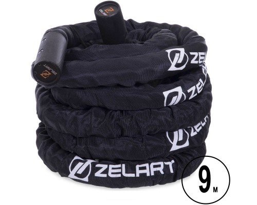 Канат для кроссфита в защитном рукаве Combat Battle Rope Zelart FI-2631-9 9 метров (MD1379-9) (PE, ручки-алюминий, l-9м,d-3,8см,вес-6,8кг,черный)