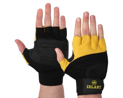 Перчатки для фитнеса и тяжелой атлетики кожаные Zelart Gel Tech BC-3611 размер M-XL черный-желтый