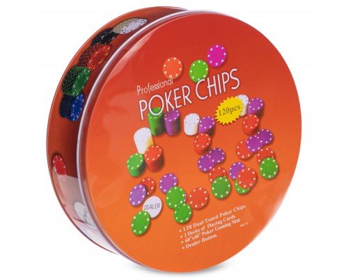 Набор для покера в круглой металлической коробке Professional Poker chips SP-Sport IG-6617 120 фишек (120 фишек, с номиналом, 2кол.карт,полотно)