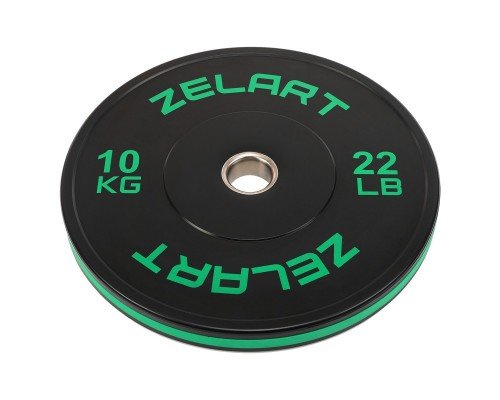 Бамперные диски резиновые Bumper Plates внутренний ø51мм Zelart TA-4790-10 10кг (сталь, резина, SBR, внешний ø-45см, черный-зеленый)