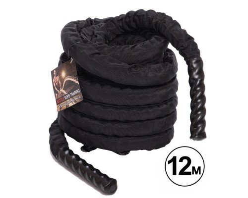 Канат для кроссфита в защитном рукаве Combat Battle Rope Zelart FI-5719-12 12 метров (полипропилен, l-12м,d-3,8см, черный)