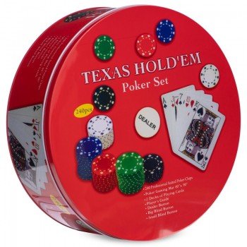Набор для покера в круглой металлической коробке Texas Holdem Poker set SP-Sport IG-6616 240 фишек (240 фишек, с номиналом, 2кол.карт,полотно)