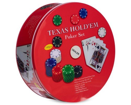 Набор для покера в круглой металлической коробке Texas Holdem Poker set SP-Sport IG-6616 240 фишек (240 фишек, с номиналом, 2кол.карт,полотно)