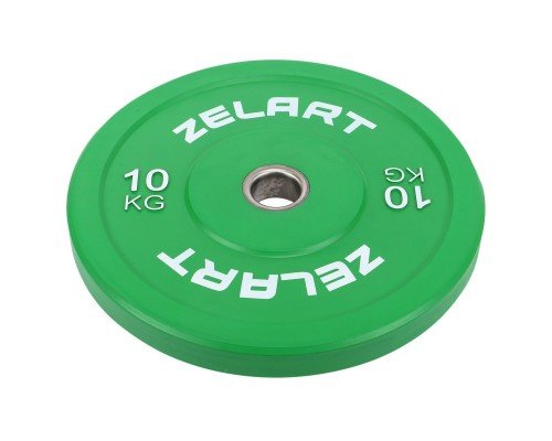 Бамперные диски резиновые Bumper Plates внутренний ø50.6±0.2мм Zelart TA-7797-10 10кг (сталь, резина, внешний ø-45см, зеленый)
