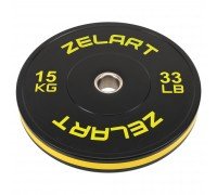 Бамперные диски резиновые Bumper Plates внутренний ø51мм Zelart TA-4790-15 15кг (сталь, резина, SBR, внешний ø-45см, черный-желтый)
