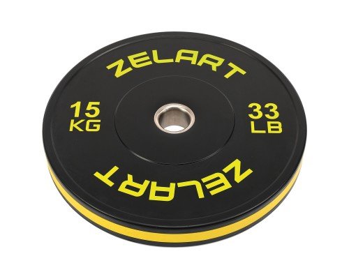 Бамперные диски резиновые Bumper Plates внутренний ø51мм Zelart TA-4790-15 15кг (сталь, резина, SBR, внешний ø-45см, черный-желтый)