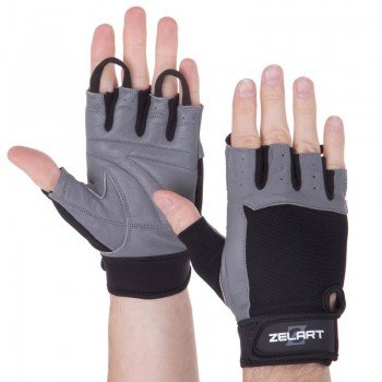 Перчатки для фитнеса и тренировок ZELART SB-161589 (PL, PVC,открытые пальцы, р-р S-XXL, черный-серый)