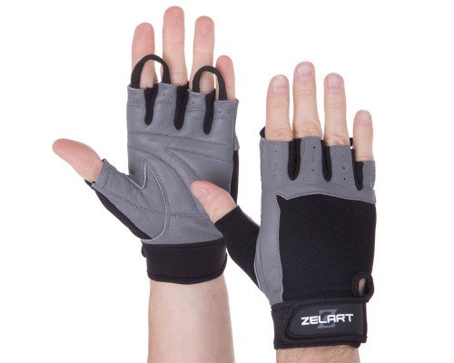 Перчатки для фитнеса и тренировок ZELART SB-161589 (PL, PVC,открытые пальцы, р-р S-XXL, черный-серый)