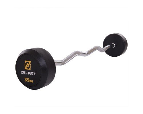 Штанга неразборная с фиксированным весом изогнутая обрезиненная Rubber Coated Barbell Zelart TA-2687-35 35кг (MD3009A-35) (гриф l-95см)